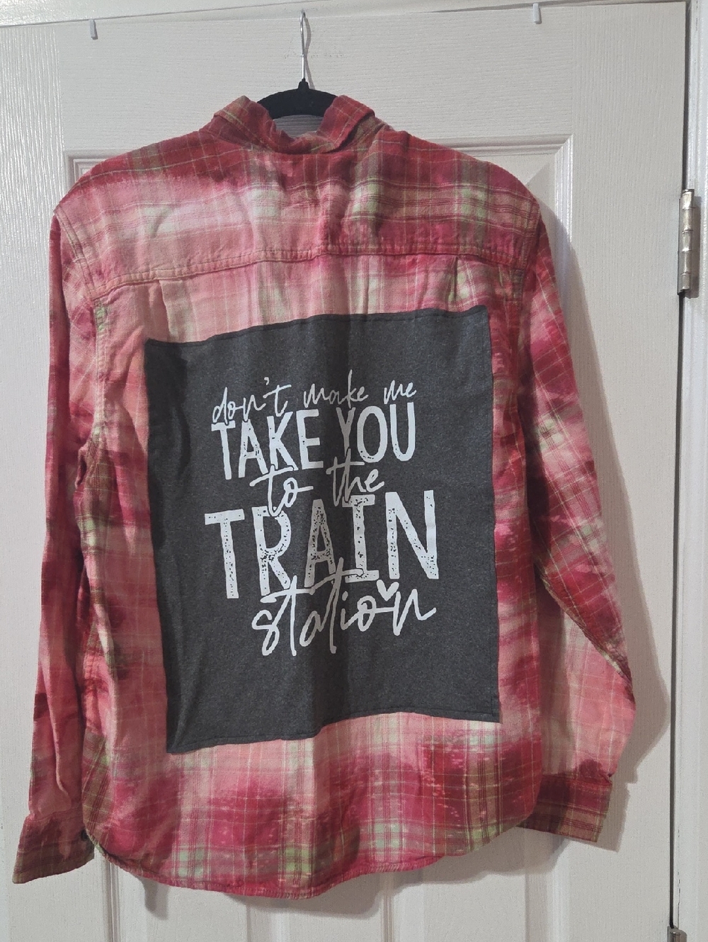 George Hand Bleached/Altered Red Plaid Button-Down Shirt with Graphic Back Panel